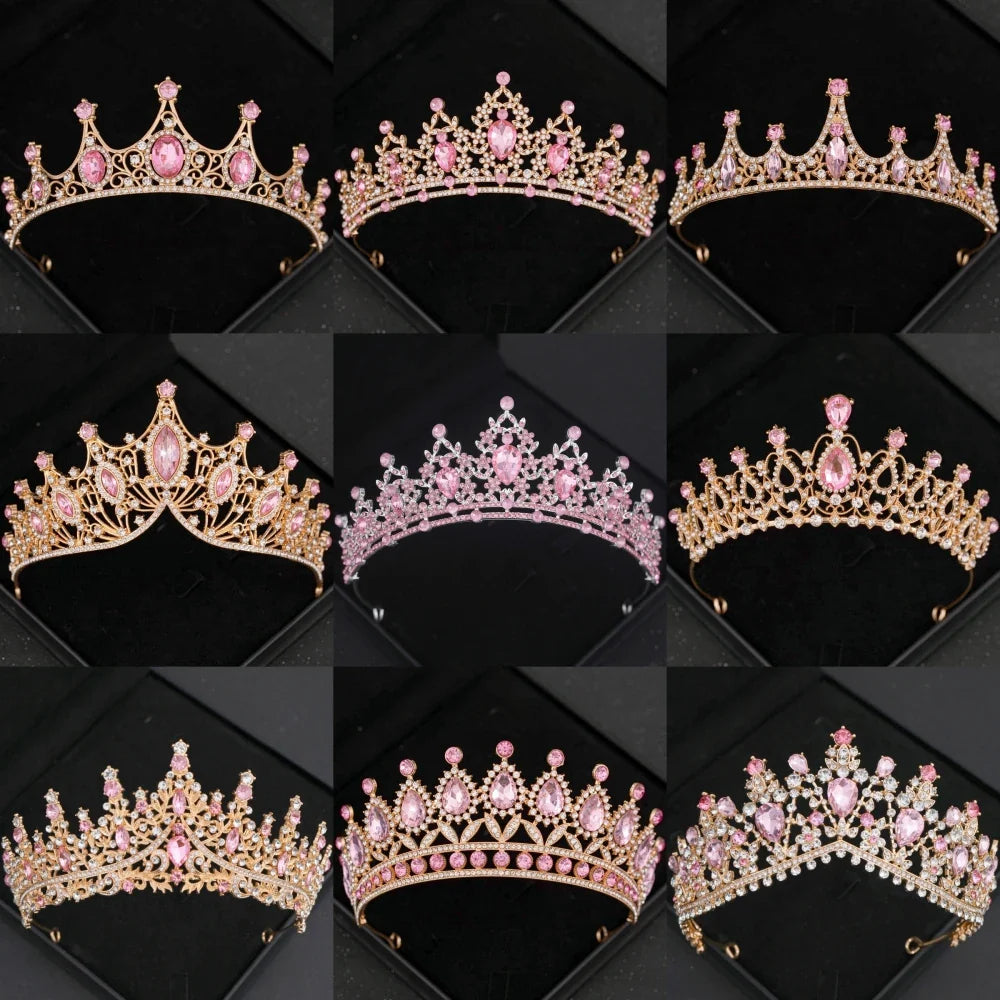 Pink Crystal Tiaras And Crowns Rhinestone Prom Diadem Crown For Women Bridal Wedding Hair Accessories Jewelry Crown Tiara Gift