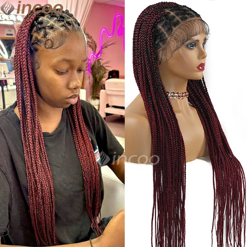 Ombre Blond Box Braided Full Lace Women's Wigs 36" Knotless Crisscross Lace Front Box Braids Wig Super Long Synthetic Braid Wig