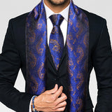 New Fashion Men Scarf Tie Set Blue Gold Jacquard Paisley Silk Autumn Winter Hanky Cufflink Casual Business Shawl Gift Barry.Wang