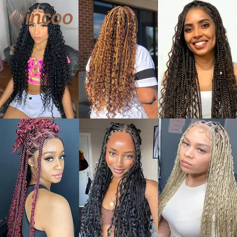 Blonde Bohemian Box Braids Wigs With Curly Hair Synthetic Braid Lace Frontal Wigs Goddess Locs Braided Wigs Burgundy Hair 32"
