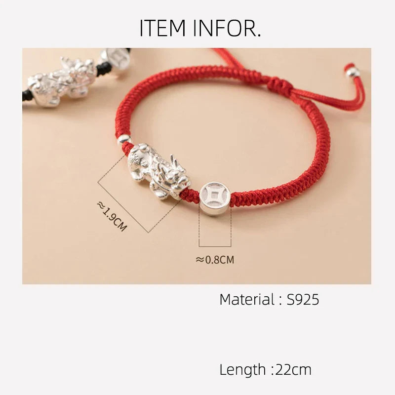 Fit 22cm 999 Silver Rope Bracelets Women PiXiu Wish Safety Exorcism Lucky Red Thread Line String Bracelets For Women Girl Black