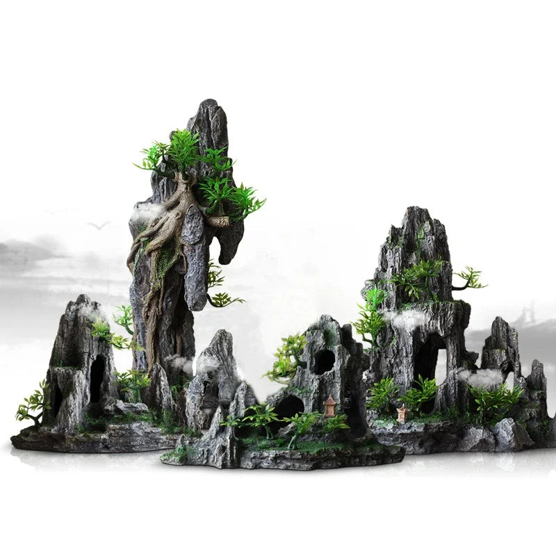 Large Resin Aquarium Fish Tank Mountain View Oranment Decor Rockery Landscape Rock Hiding Cave Tree Decoration