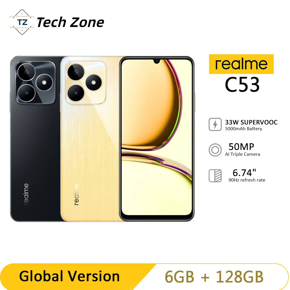 realme C53 33W SUPERVOOC Charge 5000mAh Battery 50MP AI Camera 6.74" 90Hz Display 6GBRAM 128GB ROM Smartphone