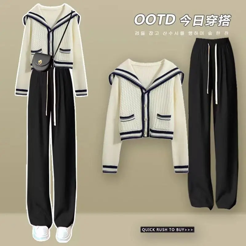 2024New Knit Spring Preppy Style Sailor Collar Women Knitted Cardigan Elastic Wide Leg Pant Long Sleeve Korean Outfit Tracksuit