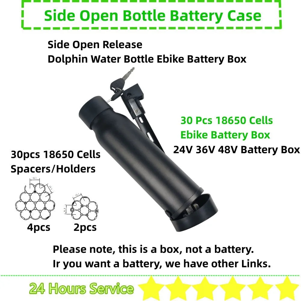 36Volt Water Bottle Dolphin Ebike Battery Box 30 pcs 18650 cells 24V 36V 48VBottle Electric Bike Battery Case with Cells Holder