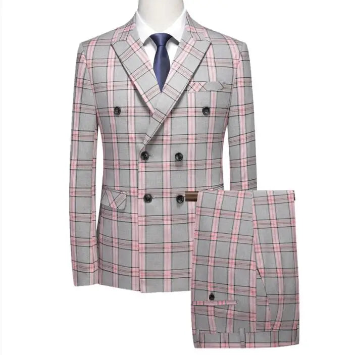 Red Striped Plaid Suit 2 Piece Men's Wedding Party Dress Set Stylish Slim Fit Jacket with Pants Gray Purple Blazer and Trousers