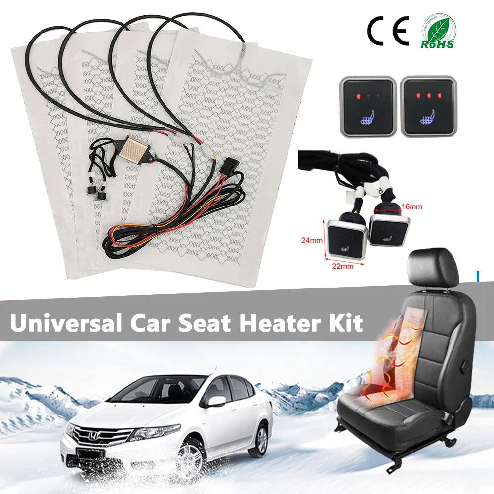 Built-in Car Seat Heater Kit Universal 12V Carbon Fiber Heating Pads 3 Levels  Square Dual Control Switch System Fit 2 Seats