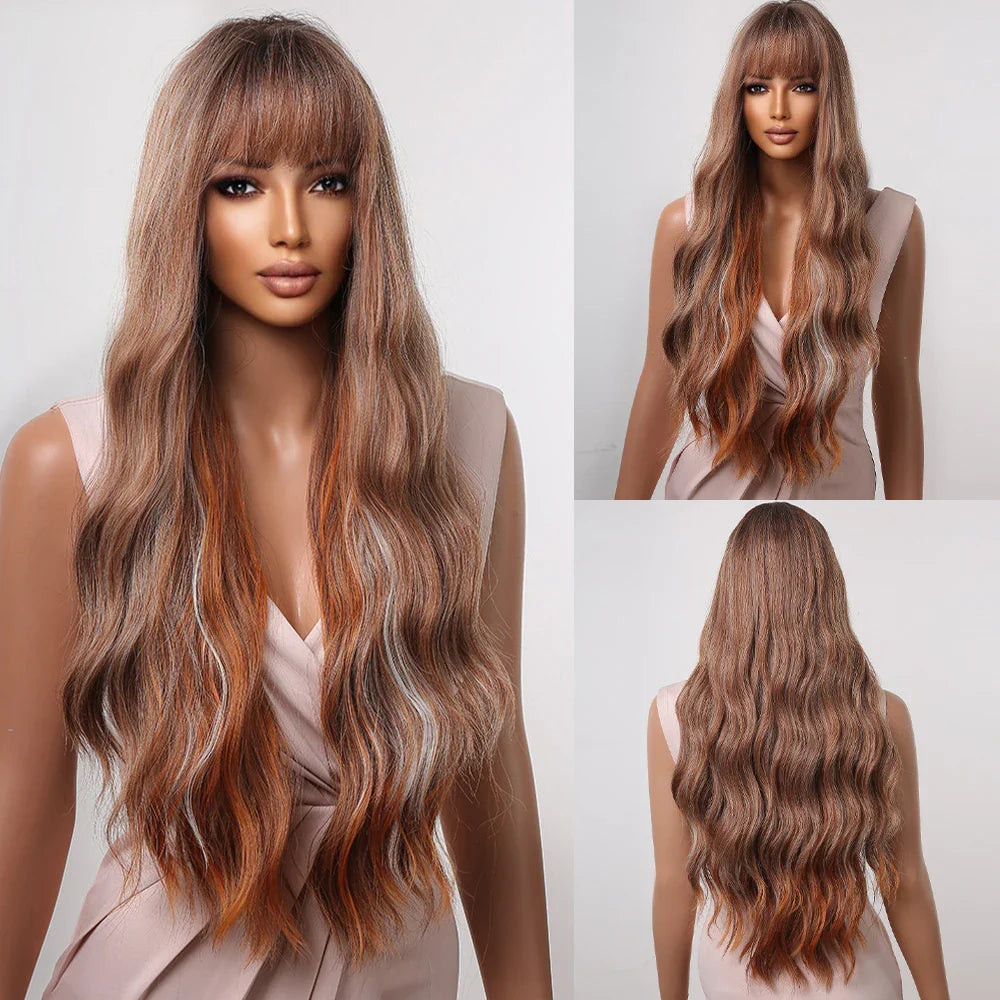 Copper Ginger Brown Wigs with Bangs Natural Synthetic Long Wavy Wigs for Black Women Afro Cosplay Daily Heat Resistant Hair Wig