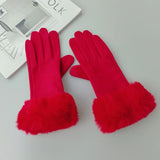 Female Faux Rabit Fur Suede Leather Touch Screen Driving Glove Winter Warm Plush Thick Embroidery Full Finger Cycling Mitten H92