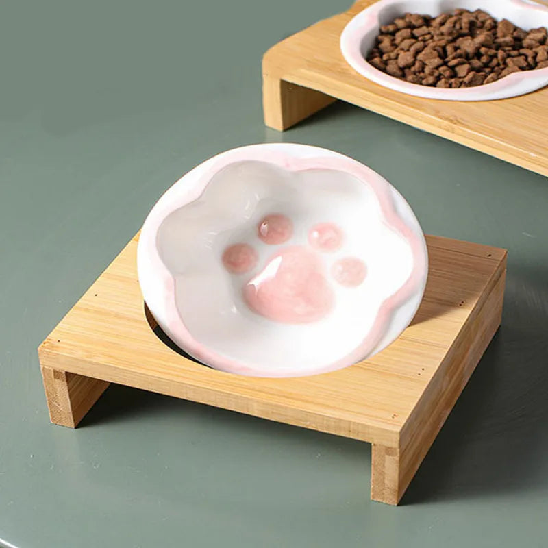 Fashion Cartoon Paw Design Pet Bowls Raised Dog Cat Feeder Solid Wooden Stand Ceramic Food Feeding Bowl Cats Puppy Accessories