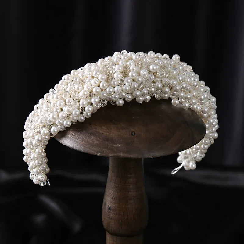 Luxury Bride Women Tiaras Handmade Wedding Hair Accessories Full Pearls Crystal Headbands