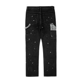 Black White Checkered Patchwork Straight Leg Denim Trousers Men Hip Hop Splashed Ink Logging Pants Jeans Slim Fit Washed Torn