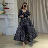 Black Square Collar Seuqined Moroccan Caftan Evening Dresses for Women Dance Full Sleeve A Line Ankle Length Prom Gowns Summer