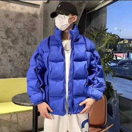 Winter Men's Cotton Padded Jacket Puffer Loose Solid Warm Coats Long Sleeve Criss Cross Stand Collar Thick Parka For Male