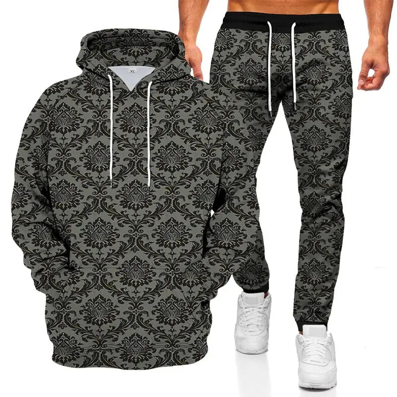 Men's Tracksuits Fashionable Hoodie Sports Suit 3D Geometric Graphic Printed Casual Loose Long Sleeve Pants Set 2 Pieces