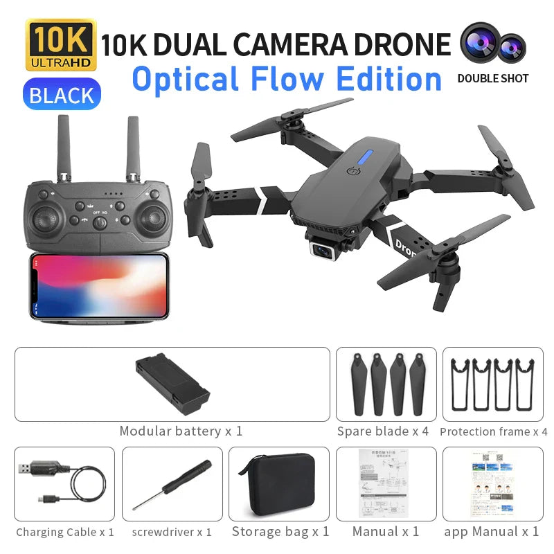 E88 Pro Drone 10K Camera Ultra HD Dual Foldable RC Quadcopter Altitude Hold Visual Positioning Auto Return RC Drone Toy