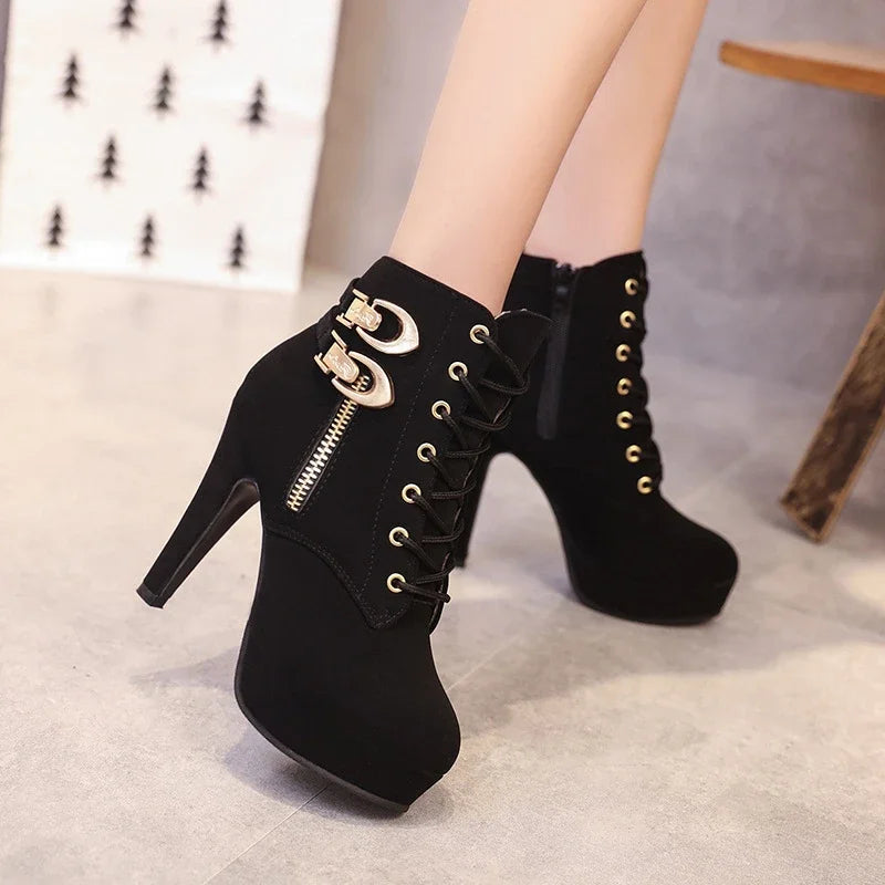 2023 Plus Size 35-43 Platform Boots Autumn Winter Women Boots High Quality Solid Lace-up Ladies Shoes PU Leather Heels Women