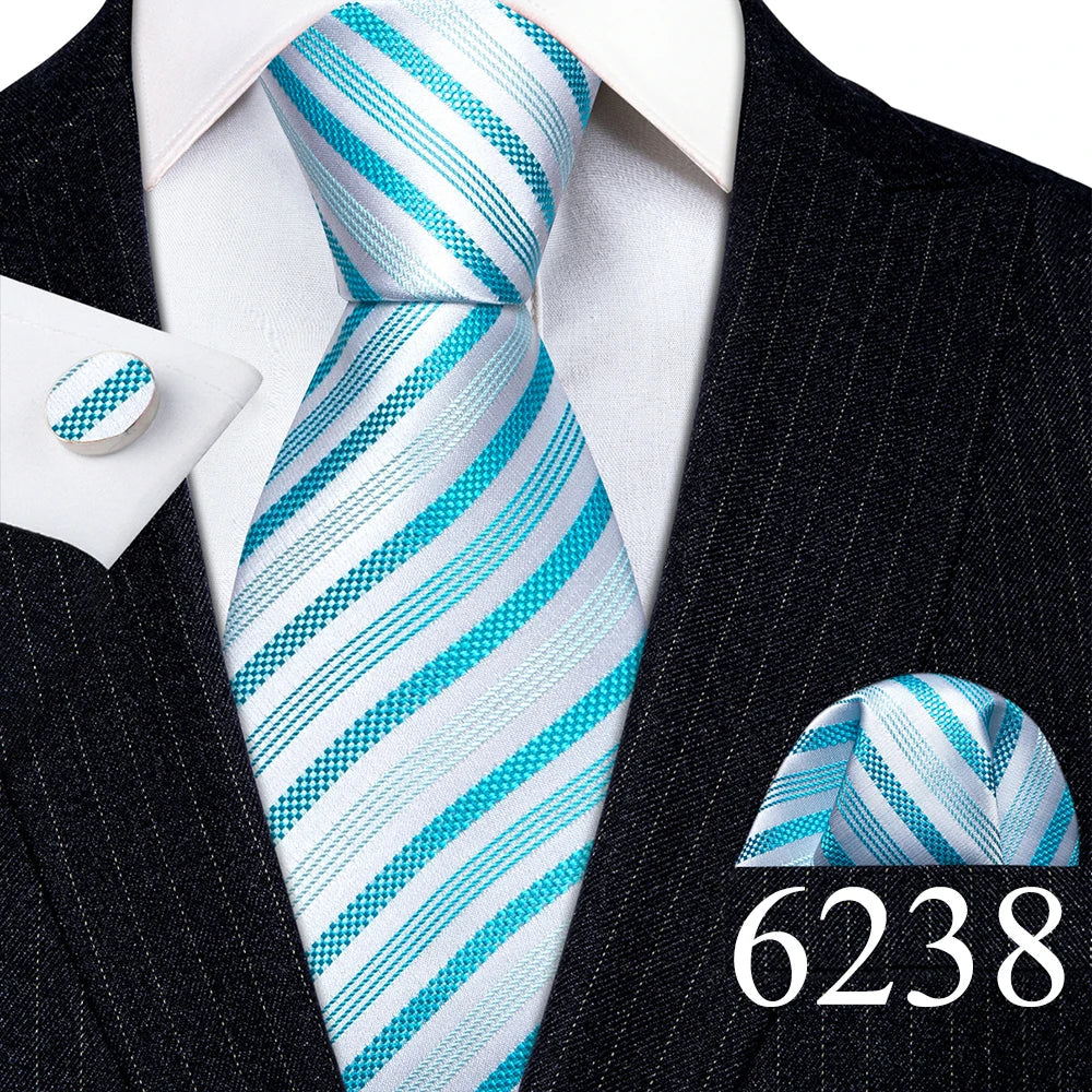 Luxury Mens Ties Set Blue Silver Gray Striped Necktie Pocket Square Cufflinks Set Wedding Gift Corbatas Clip Barry·Wang 6237