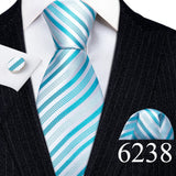 Luxury Mens Ties Set Blue Silver Gray Striped Necktie Pocket Square Cufflinks Set Wedding Gift Corbatas Clip Barry·Wang 6237