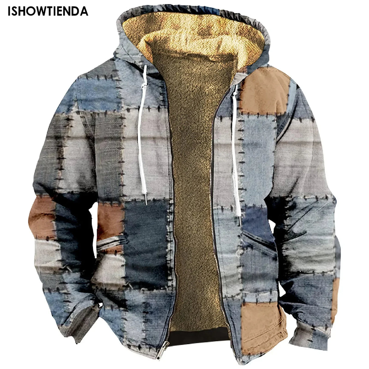 Warm Fleece Lining Jackets Men Winter Fashion Patchwork Long Sleeve Hooded Coats Autumn Mens Casual Loose Zip-up Outerwear