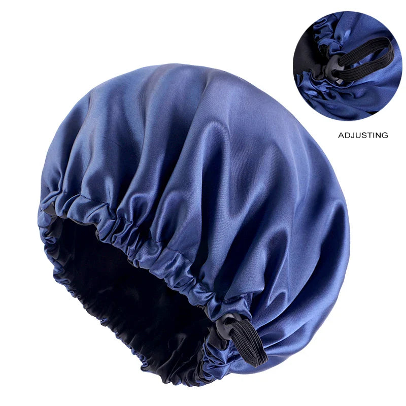 New Adjustable Double Layer Satin Bonnet Nightcap Round Haircare Shower Caps Women Elastic Band Cap Hair Styling Accessories