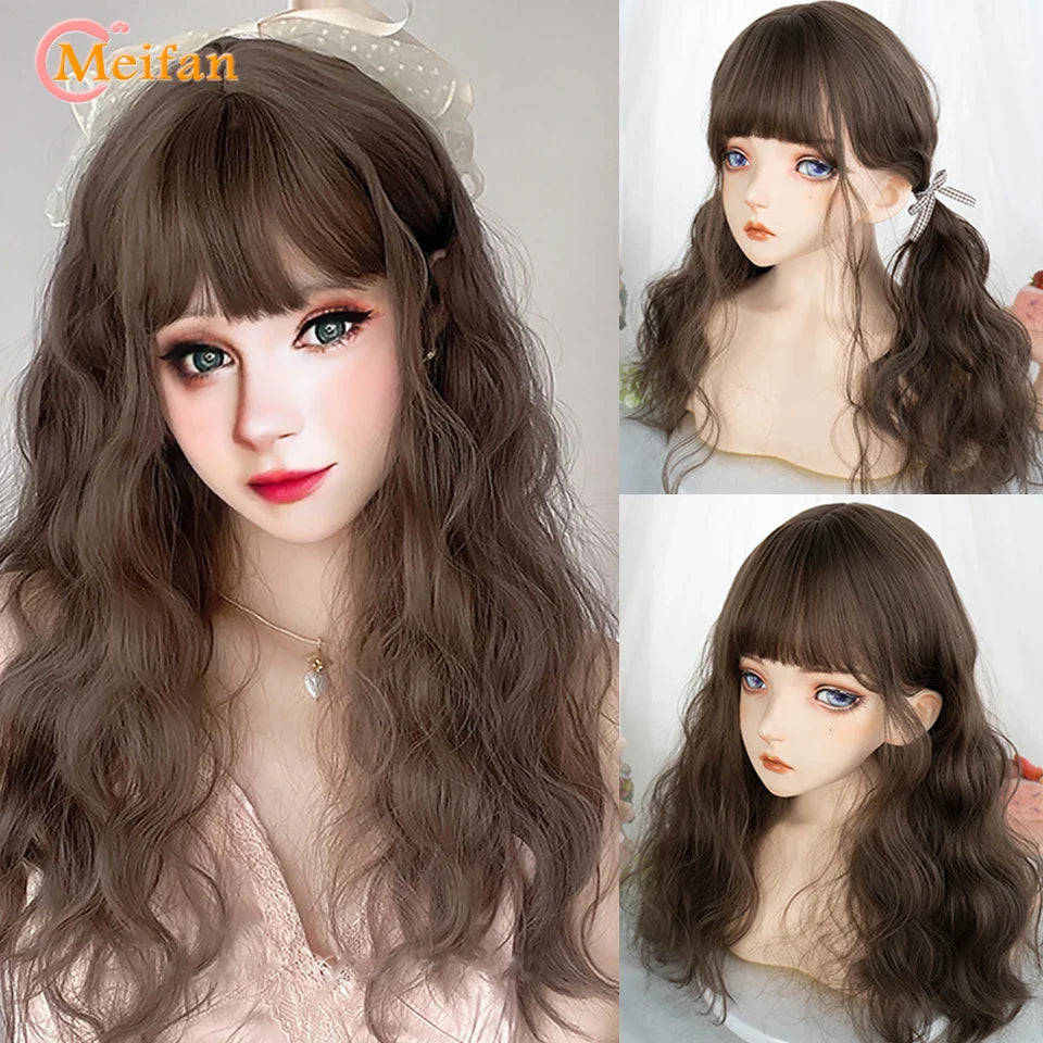 MEIFAN Long Lolita Ombre Harajuku Wig With Bang Red Blue Wave Curly Cosplay Wig Heat Resistant Synthetic Jellyfish Head Wigs