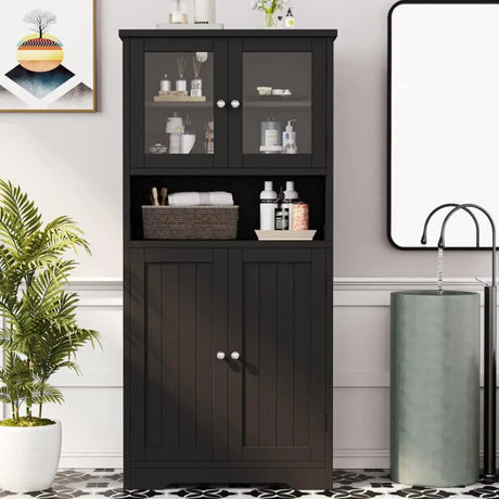 Bathroom cabinet, independent floor standing cabinet with open shelves, large display cabinet with doors, bathroom cabinet