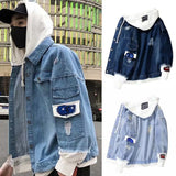 Men Light Blue Winter Jean Jackets Hooded Casual Men Solid Color Jean Jackets Popular Single Breasted Drawstring Jean Jacket