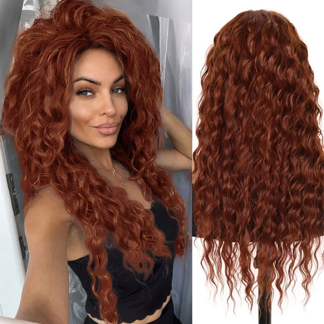 GNIMEGIL Synthetic Long Wave Wig for Woman Natural Brown Wig with Clip Free Part Side Bangs 80s Curly Wigs for Women Ombre Wig