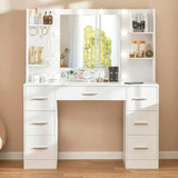 Quimoo Large Vanity Desk with LED Lighted Mirror & Power Outlet,Makeup Vanity Table with 7 Drawers,4 Shelves and 5 Hooks