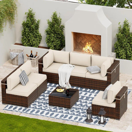 Patio Furniture Sets, Modular Rattan Outdoor Patio Sectional Furniture Sofa Set, Wicker w/Coffee Table, 7PC (Include Sofa Cover)