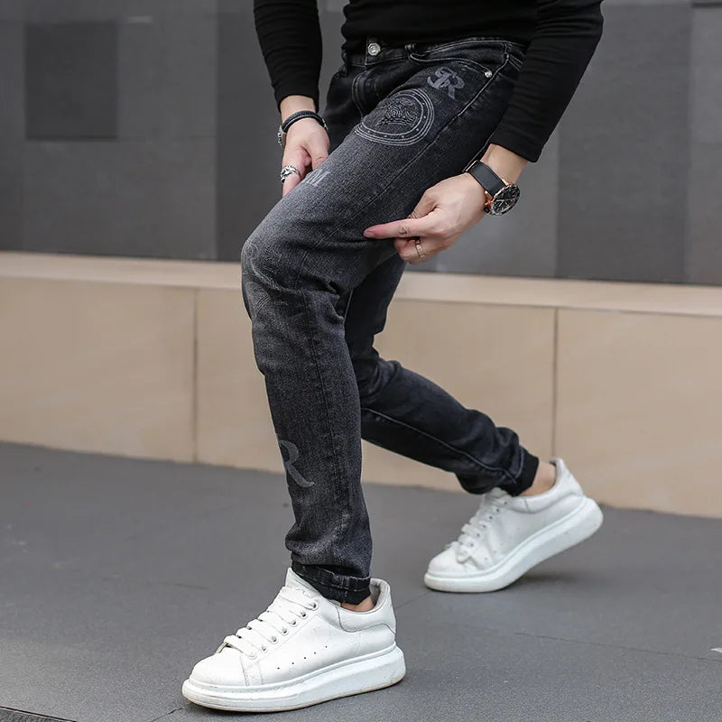 Man's Trousers Classic Distinctive Printed Black Stretch Denim Jeans for Men High Quality Slim Fit Stretch Hip Hop Denim Pants