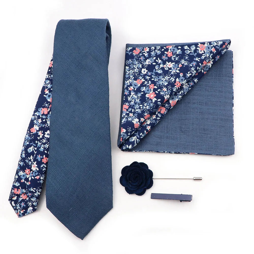 Two Side Floral Plaid Cotton Patchwork Tie Set Brooch Pin Clip Hankie Cufflink Ties Men Party Daily Shirt Cravat Gift Accessory