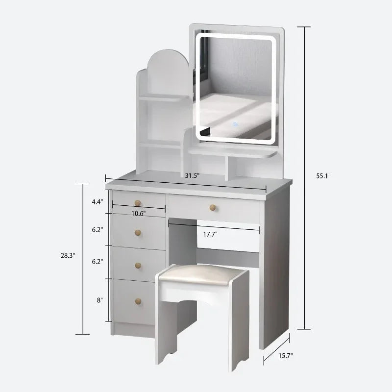 Makeup Vanity Set with Drawer and Shelf, Wood Dressing Table with Lighted Screen Mirror