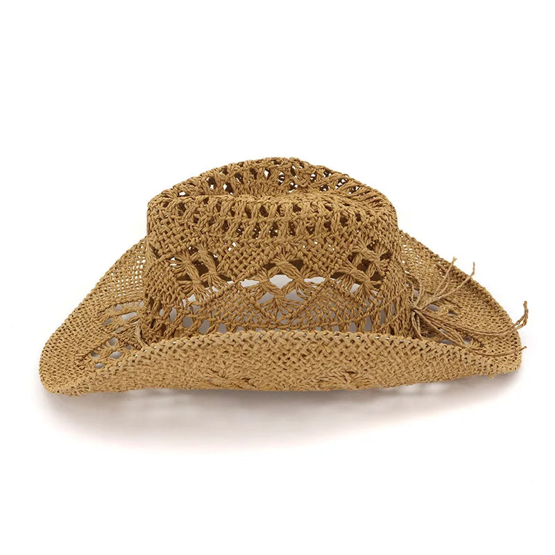 Spring and Summer New Hollow Cowboy Hat Hand-woven Straw Hat Breathable  American-style Warped Edge Foreign Trade Jazz Hat