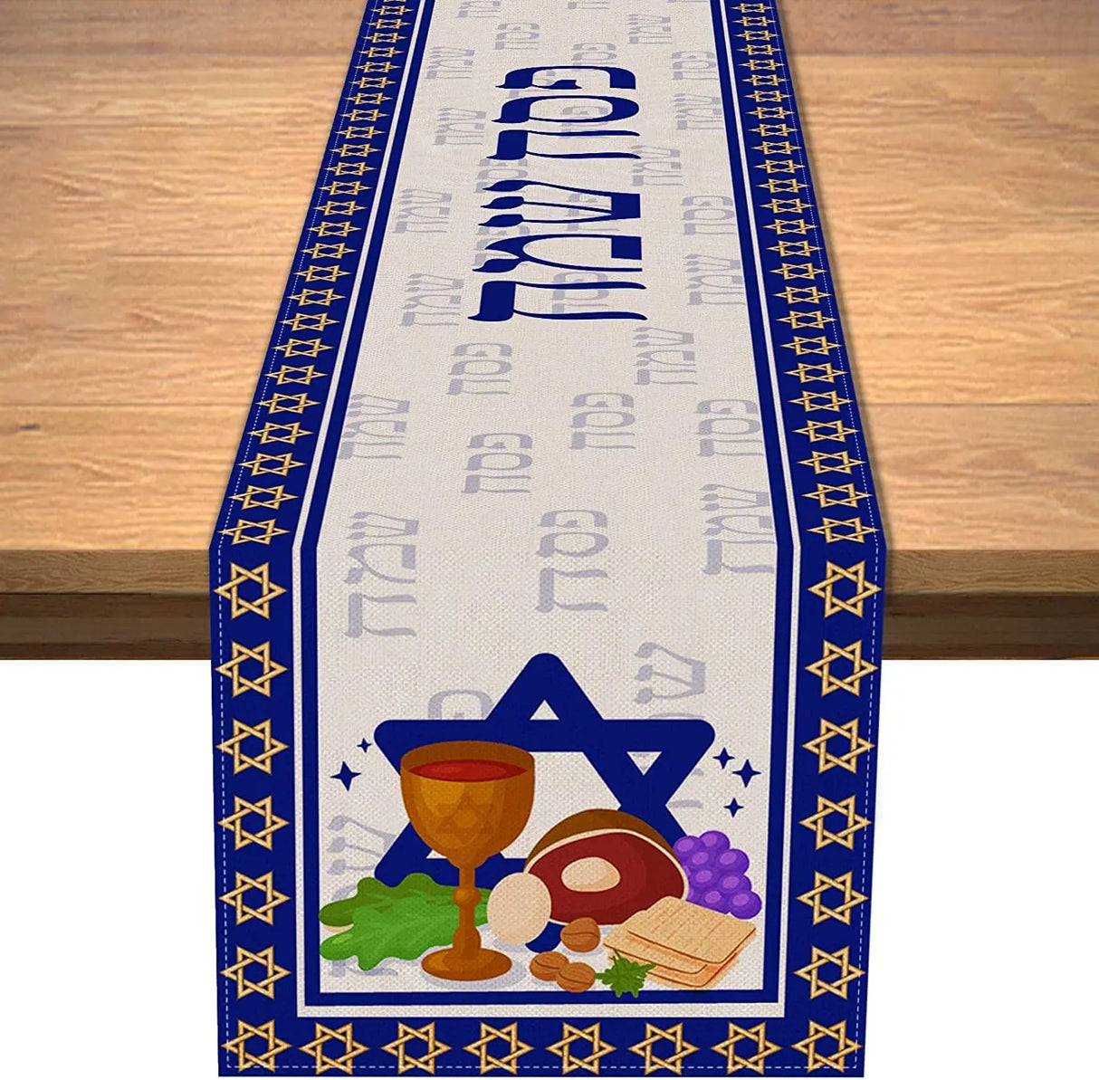 Passover Linen Table Runner Pesach Seder Matzoh Red Wine Star of David Jewish Table Runner Holiday Party Dinning Decoration