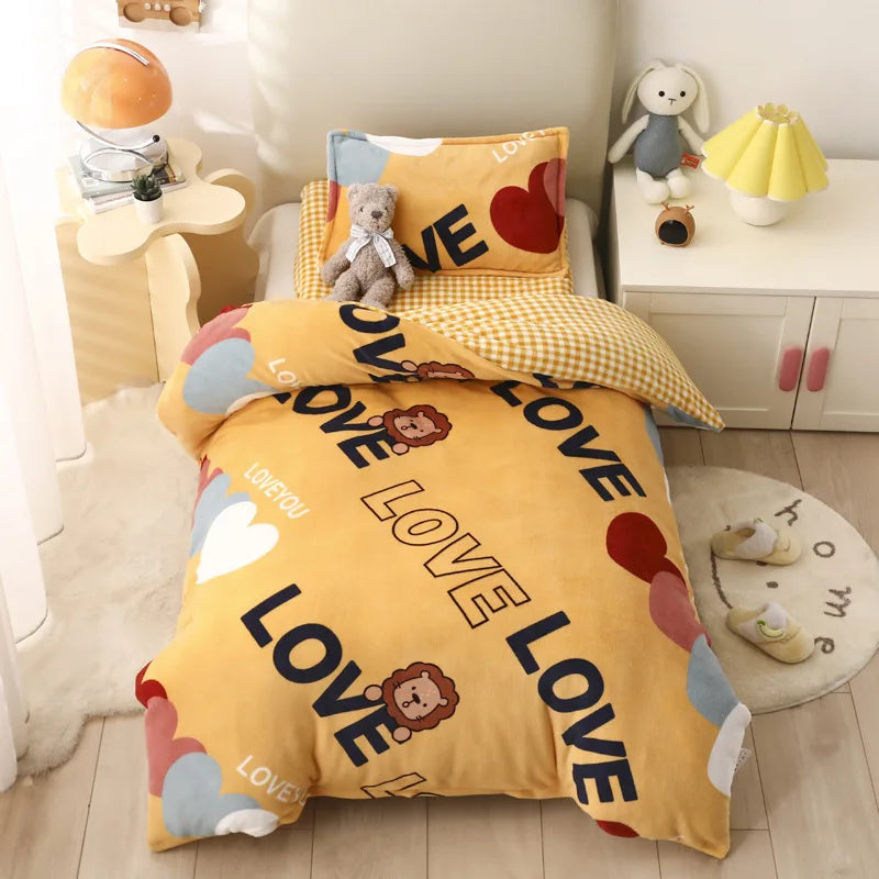 Baby Cartoon Print Bedding Set Duvet Covers Pillowcases Set Autumn Winter Warm Suede Bedclothes Bed Linen CP29