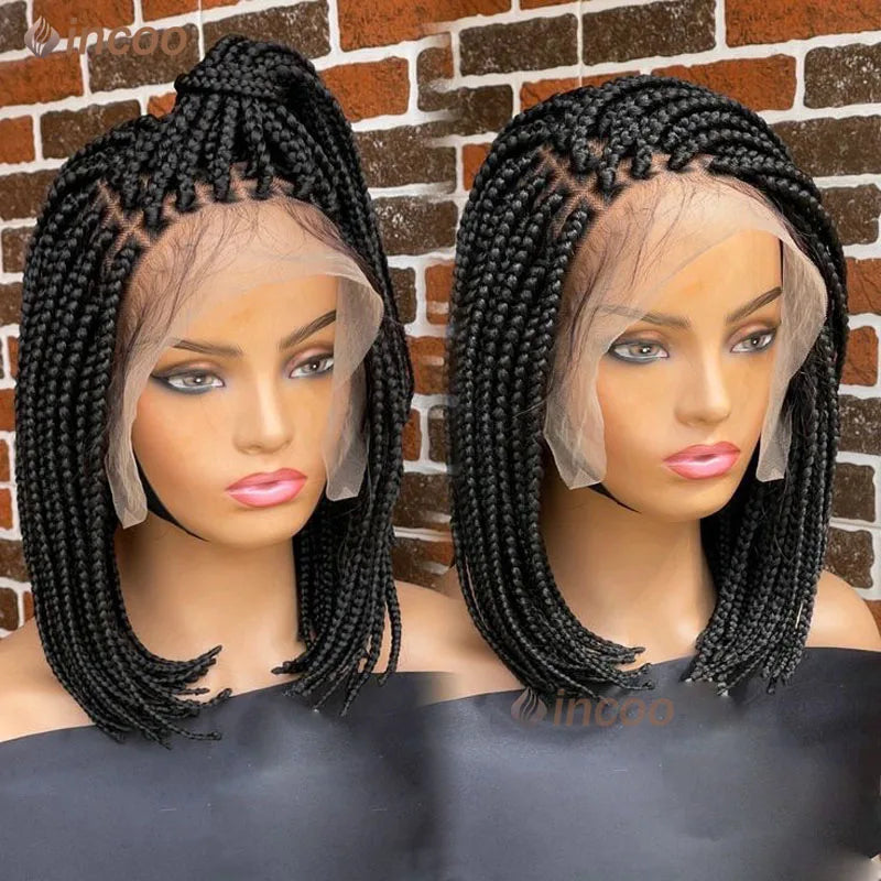 Short Bob Braided Wigs Full Lace Front Box Braid Wigs Synthetic Black 360 Lace Frontal Cornrow Wigs Braid African Women 10 Inch