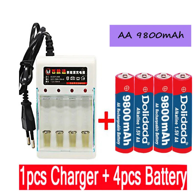 Dolidada 2023 New Tag 9800 MAH rechargeable battery AA 1.5 V. Rechargeable New Alcalinas drummey +1pcs 4-cell battery charger