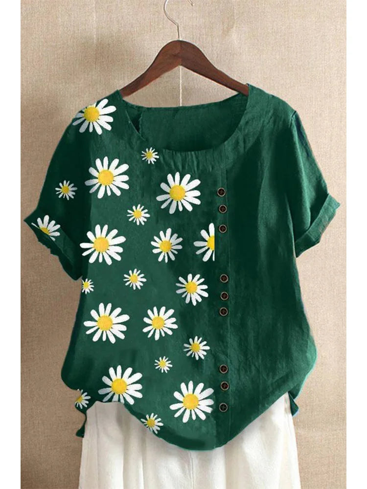 Plus Size Daisy-Print Cotton Linen Shirt Casual Summer Women O-Neck Short Sleeve Pullover Top Fashion Street Flower Blouse