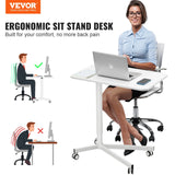 VEVOR 28"-44" Gas-Spring Height Adjustable Sit-Stand Desk W/ Wheels Portable Rolling Laptop Table Computer Cart for Home Office