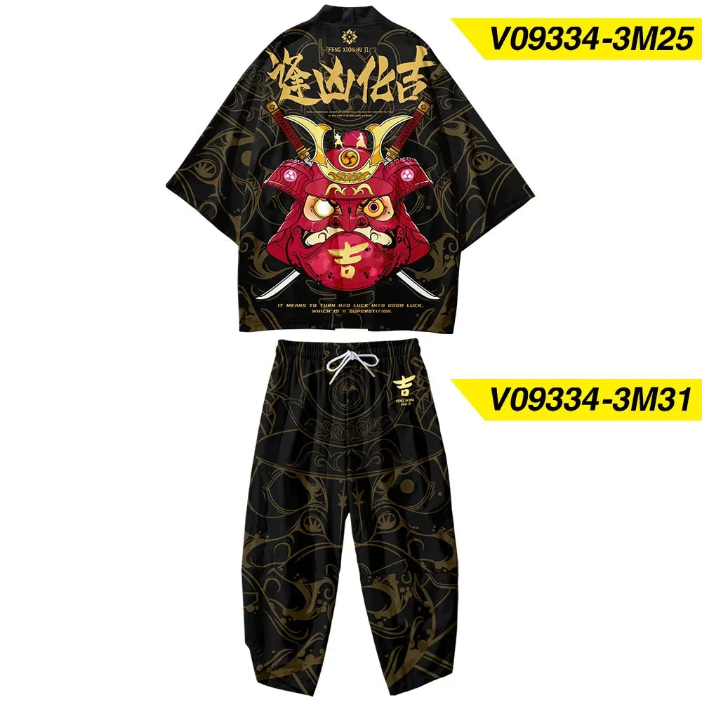 Two-piece Suit Plus Size S-6XL Loose Japanese Cardigan Women Men Cosplay Yukata Clothing Harajuku Samurai Kimono + Pants Sets