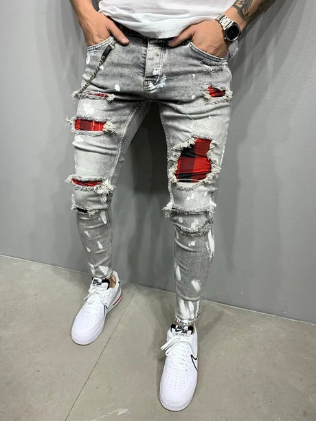 Stripe printing Jeans Men Cotton Stretchy Ripped Skinny Jeans High Quality Hip Hop Black Hole Slim Fit Oversize Denim Pants