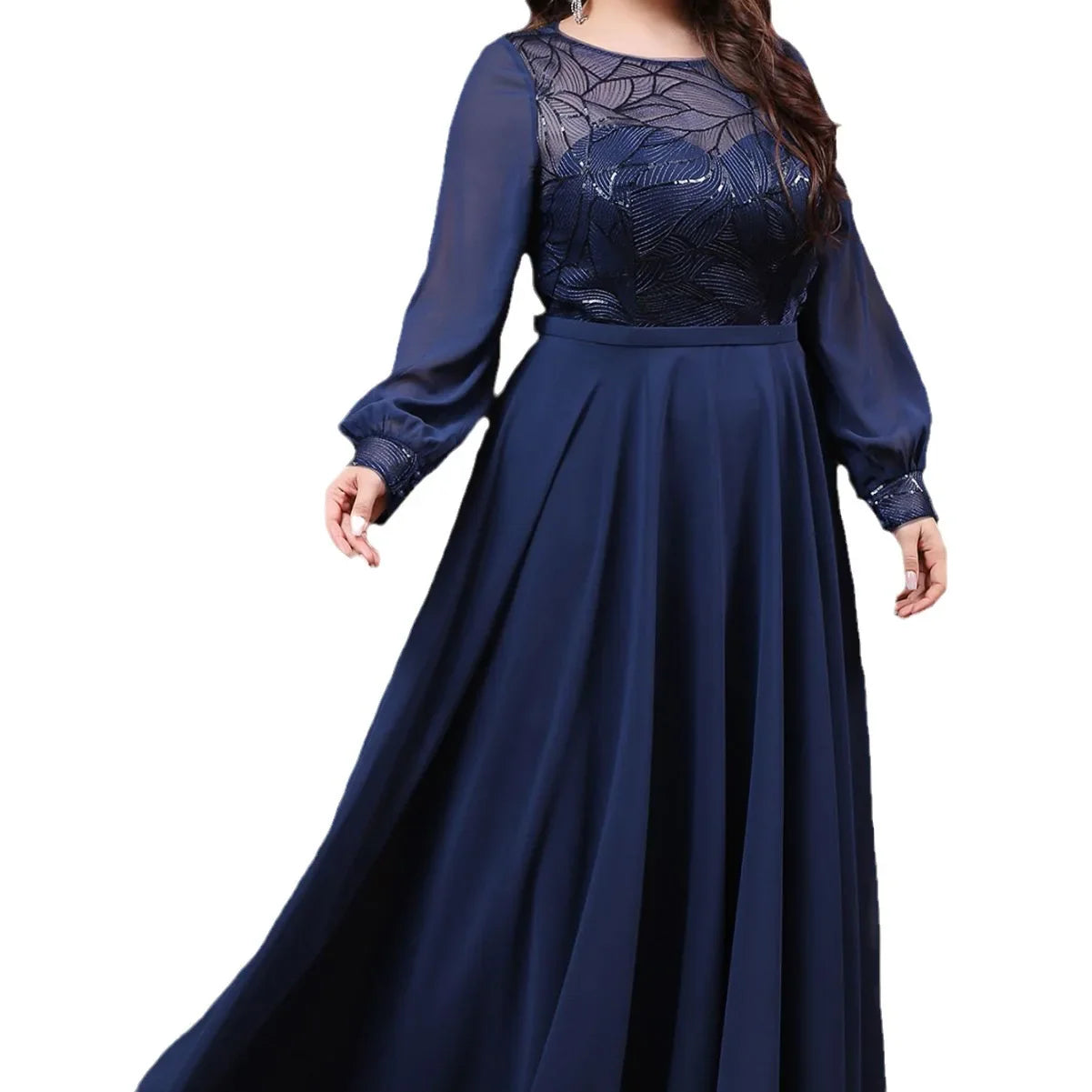 Plus Size Elegant Dress Round Neck Chiffon Mesh Sequins Long Sleeve Evening Gowns Large Fashion Party Wedding Bridesmaid Dresses