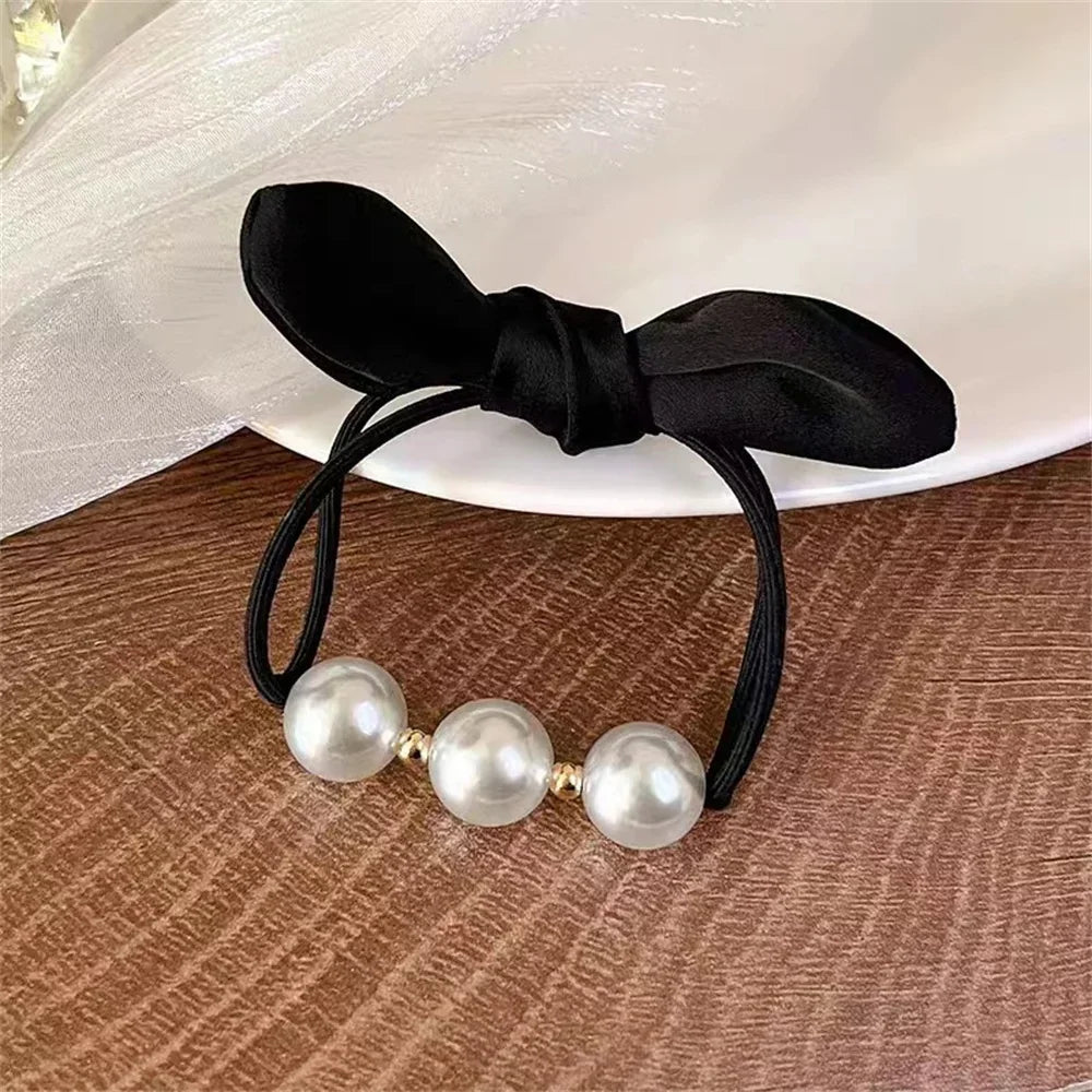 Fashion Seamless Black Hair Ties Rope Simple Pearl Beaded Ponytail Holders Rubber Band With Ribbon For Women Girls