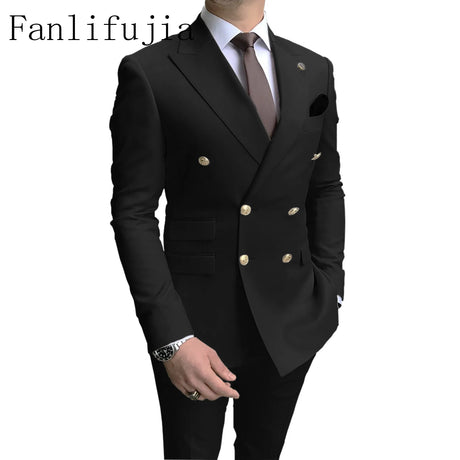 Fanlifujia Store Navy Men Party Tuxedos 2 Pieces Latest Peak Lapel Men Suits Gold Buttons Fashion Style Suits Double Breasted