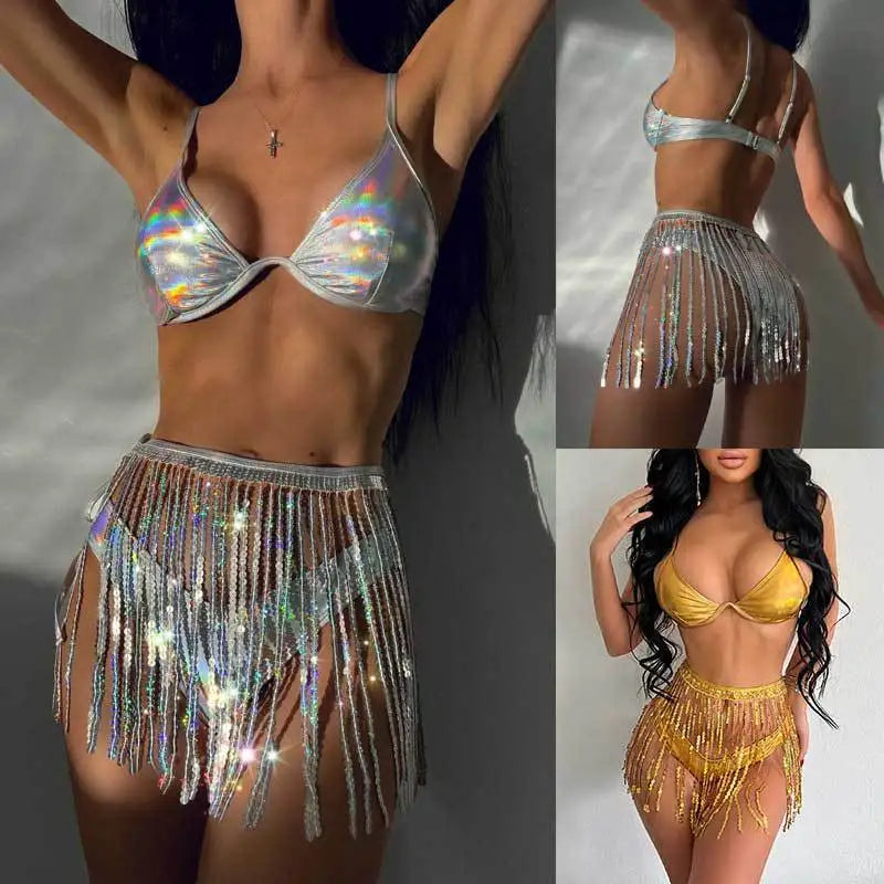 European American three point swimsuit sequin tassel skirt swimsuit three piece set European American spicy girl women clothing