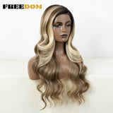 FREEDOM Synthetic Lace Front Wigs for Women C Part Wig Ombre Brown Rose Red Color Body Wave Lace Wigs Highlight Cosplay Wig