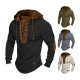 Men Hooded Sweatshirt Vintage Lace-up Drawstring Men's Hoodie with Pleated Shoulders Soft Stretchy Breathable Daily Top Tie