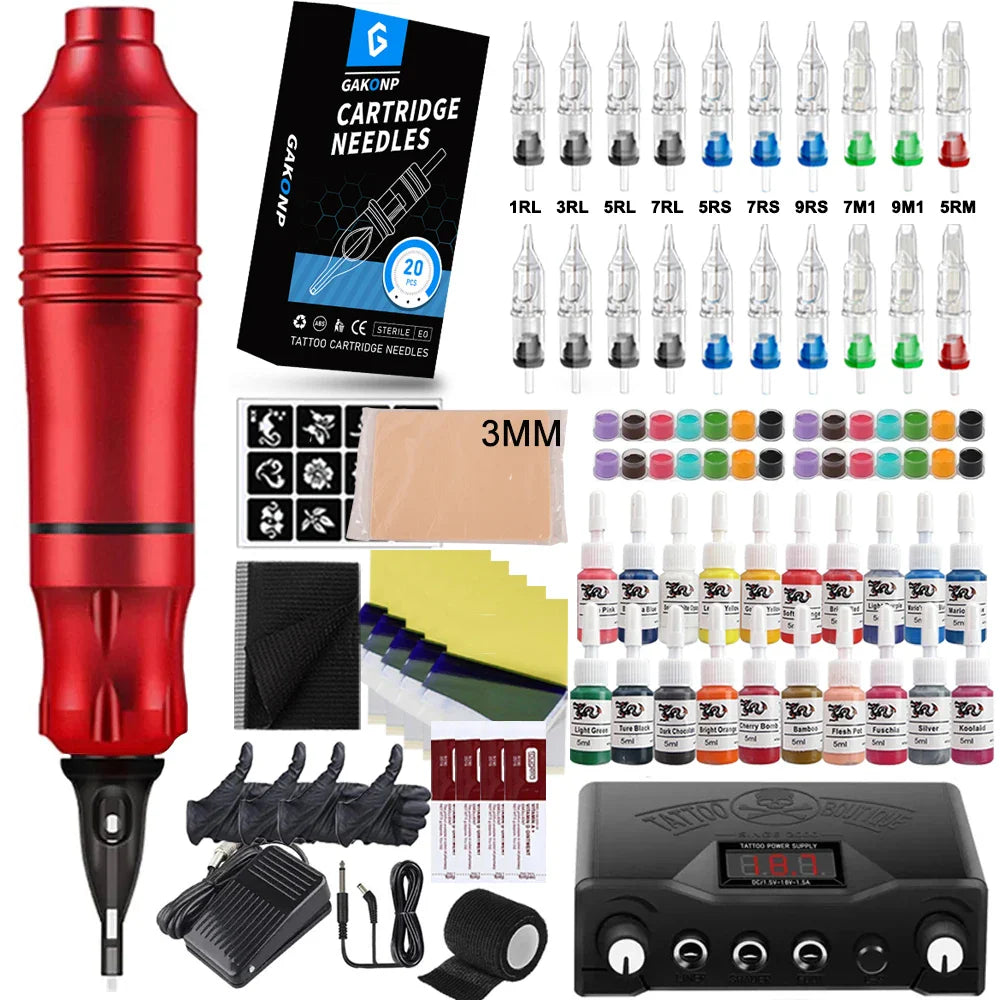 Complete Tattoo Machine Pen Kit Rotaty Tattoo Pen Set with Needle Stroke Adjustable 2.4-4.2mm with Digital Display Power Supply